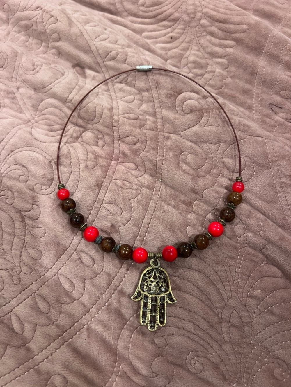 Boho Red & Brown Beaded Hamsa Necklace